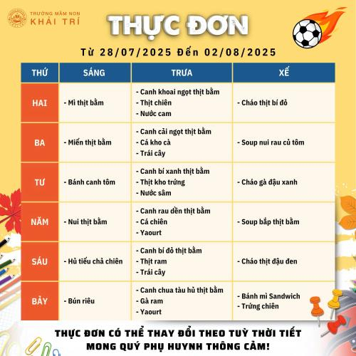 Thực Đơn Tuần Mới (Từ 28/07/2025 - 02/08/2025)