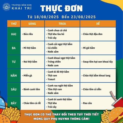 Thực Đơn Tuần Mới (Từ 18/08/2025 - 23/08/2025)