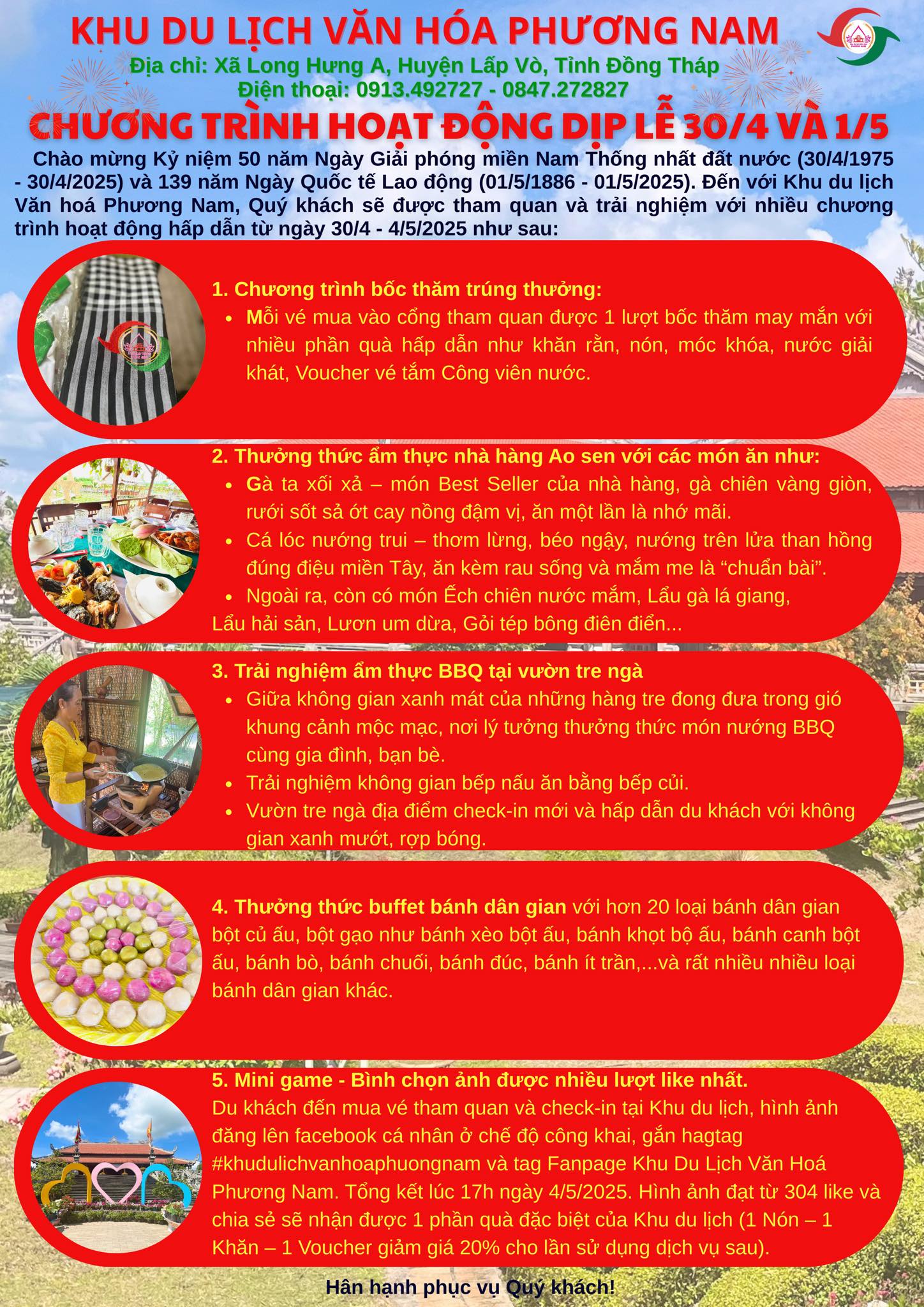 Chương Trình Hoạt Động Dịp Lễ 30/4 và 01/5 Tại Khu Du Lịch Văn Hóa Phương Nam