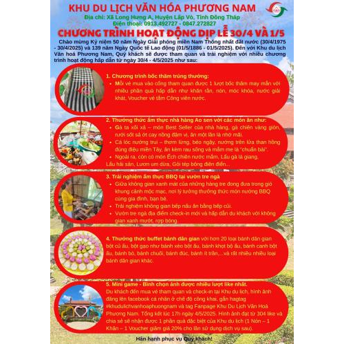 Chương Trình Hoạt Động Dịp Lễ 30/4 và 01/5 Tại Khu Du Lịch Văn Hóa Phương Nam